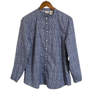 L.L.Bean Button Up Shirt Ditsy Floral 100% Cotton Long Sleeve XL Blue White